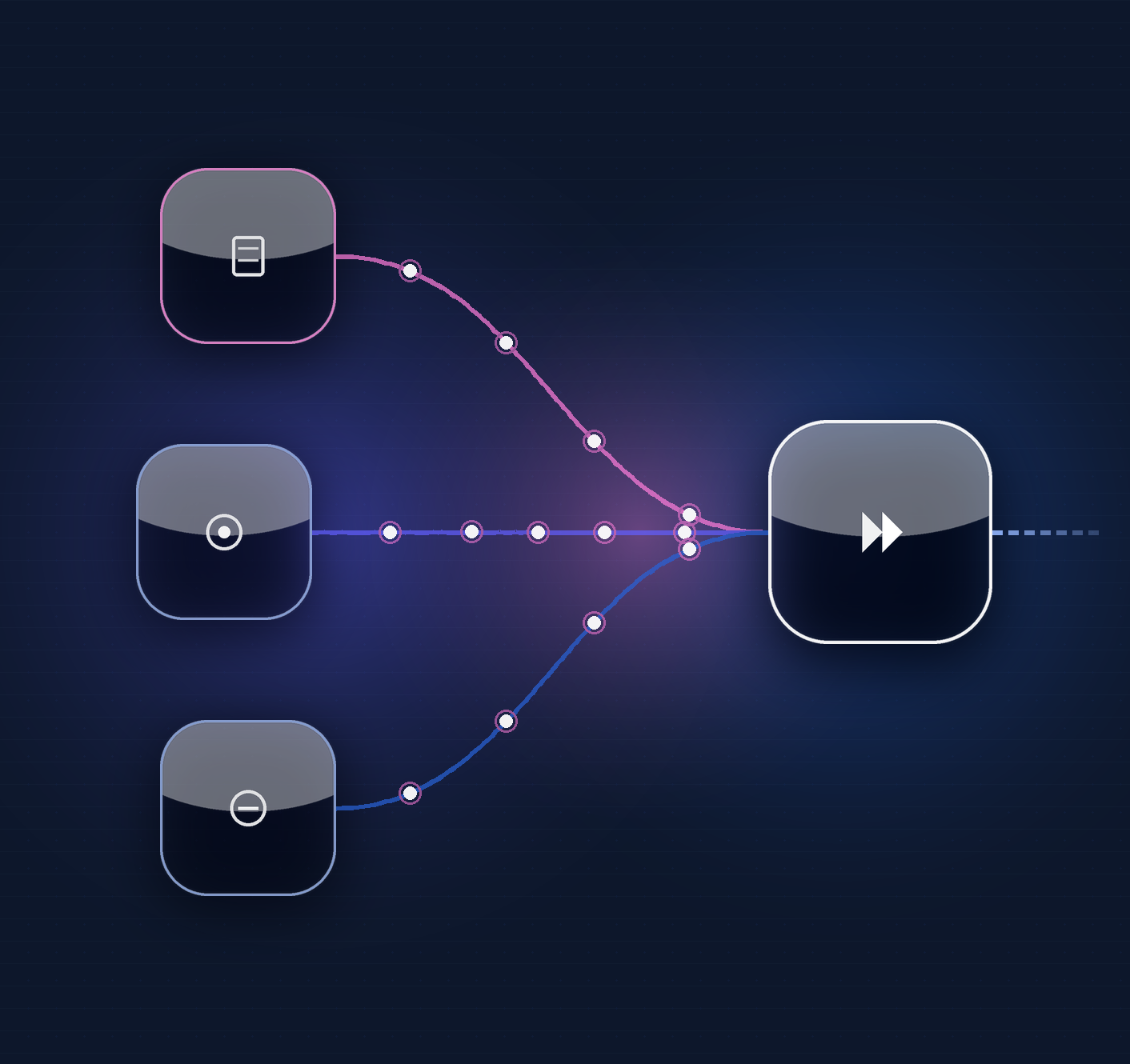 Separate source stages converging into a single scheduled run.